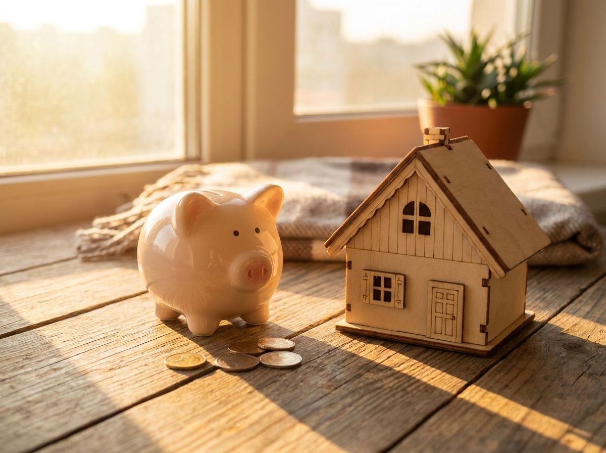 Piggy bank next to a model house representing savings