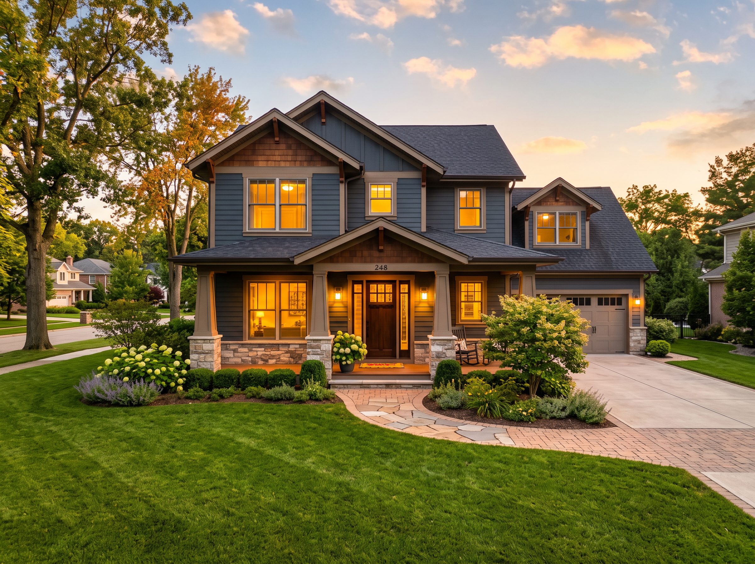 A well-kept family home exterior at golden hour